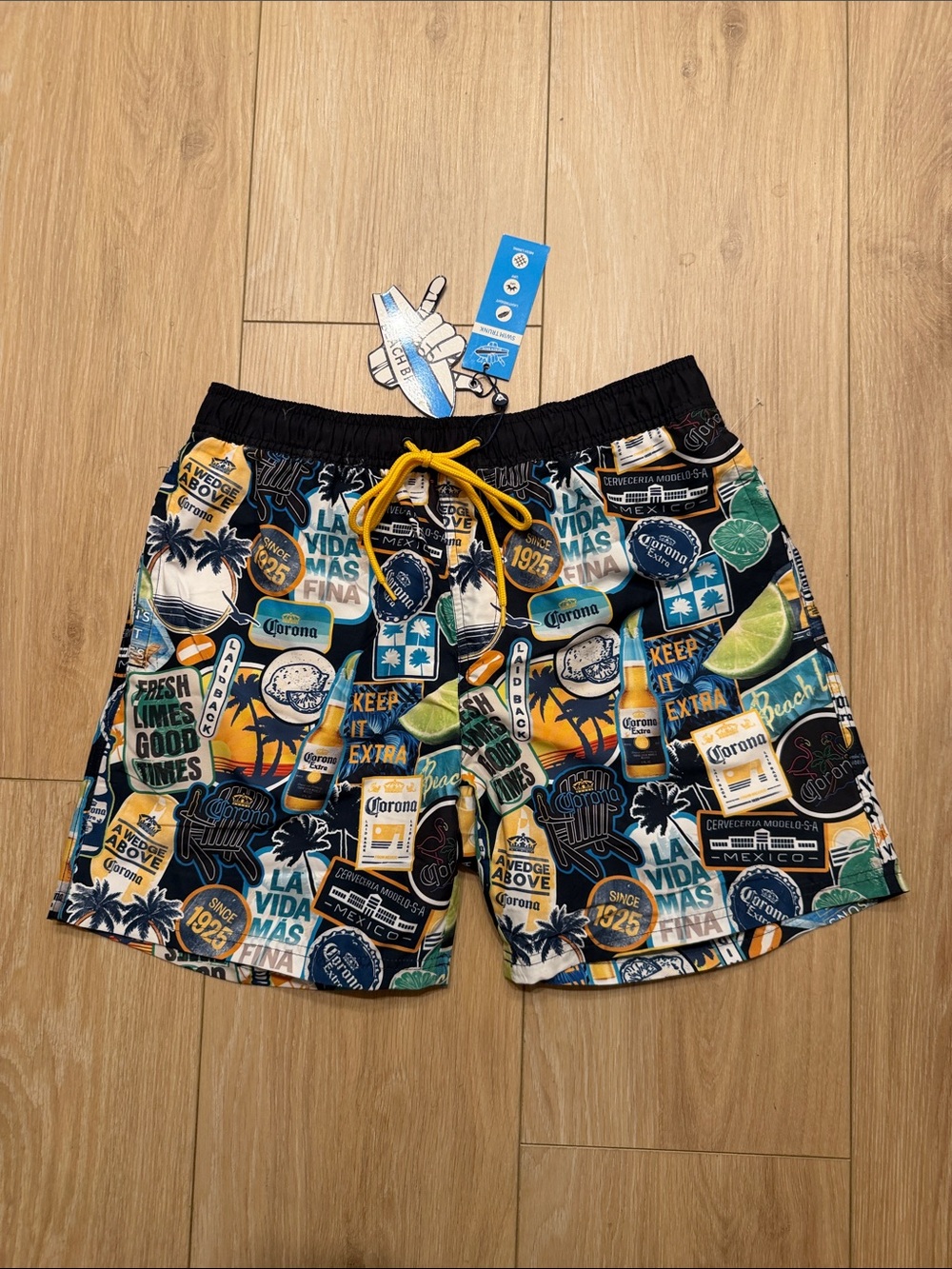Corona Men's Multicolor Graphic Swim Trunks with Yellow Drawstring
